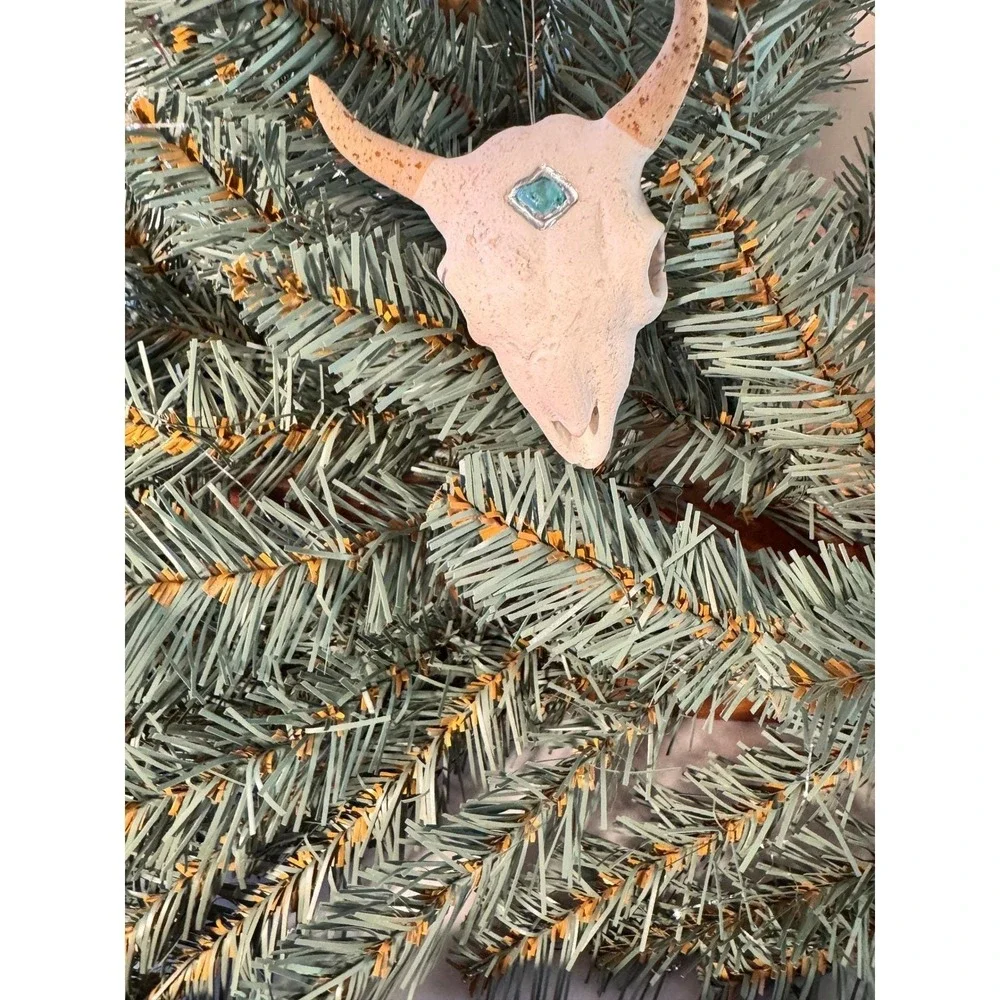 Vintage Santa Fe Steer Skull Ornament White Turquoise Southwestern Rustic